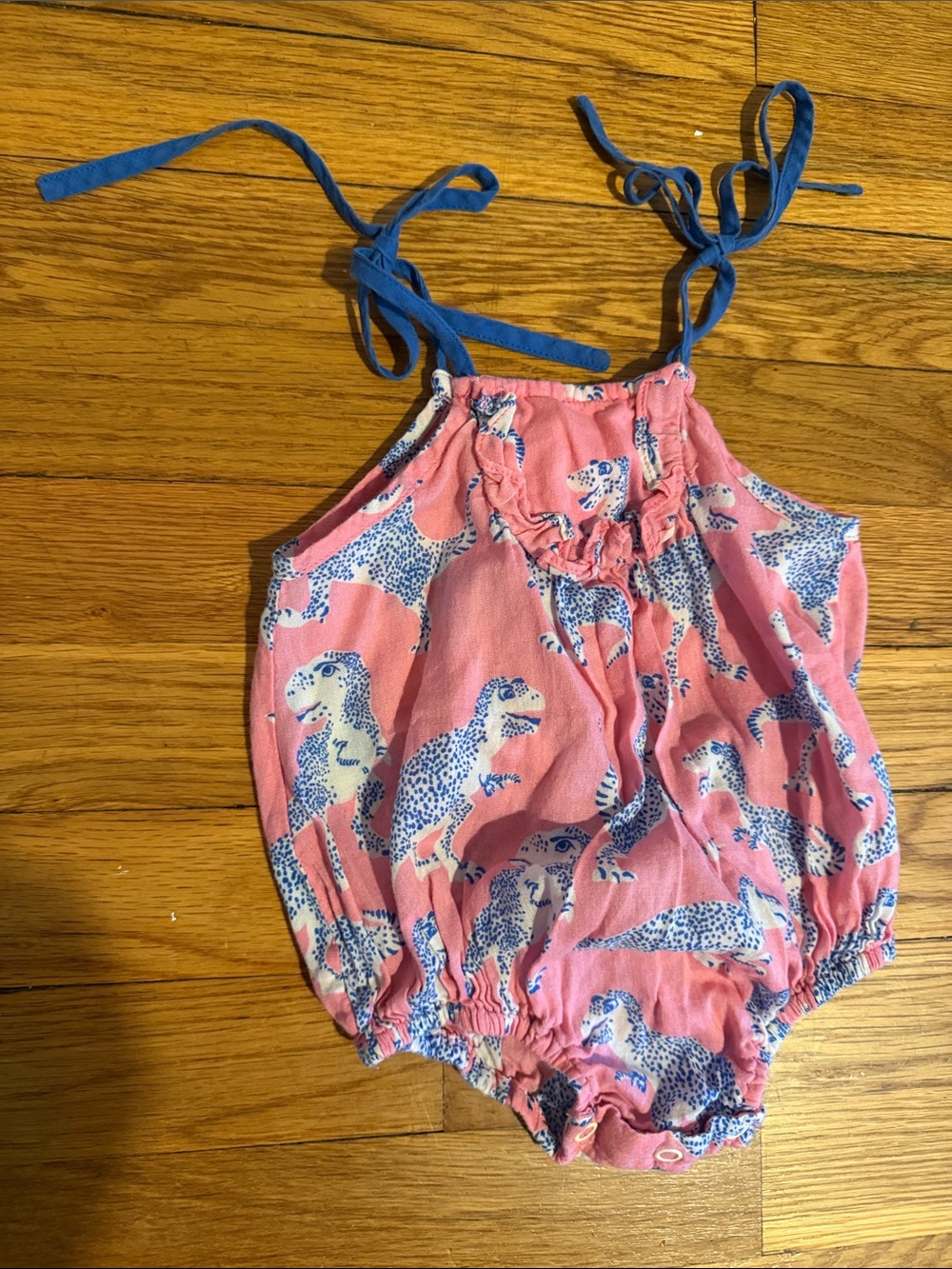 Pink Chicken Pink Dinosaur Bubble Romper with Blue Ties